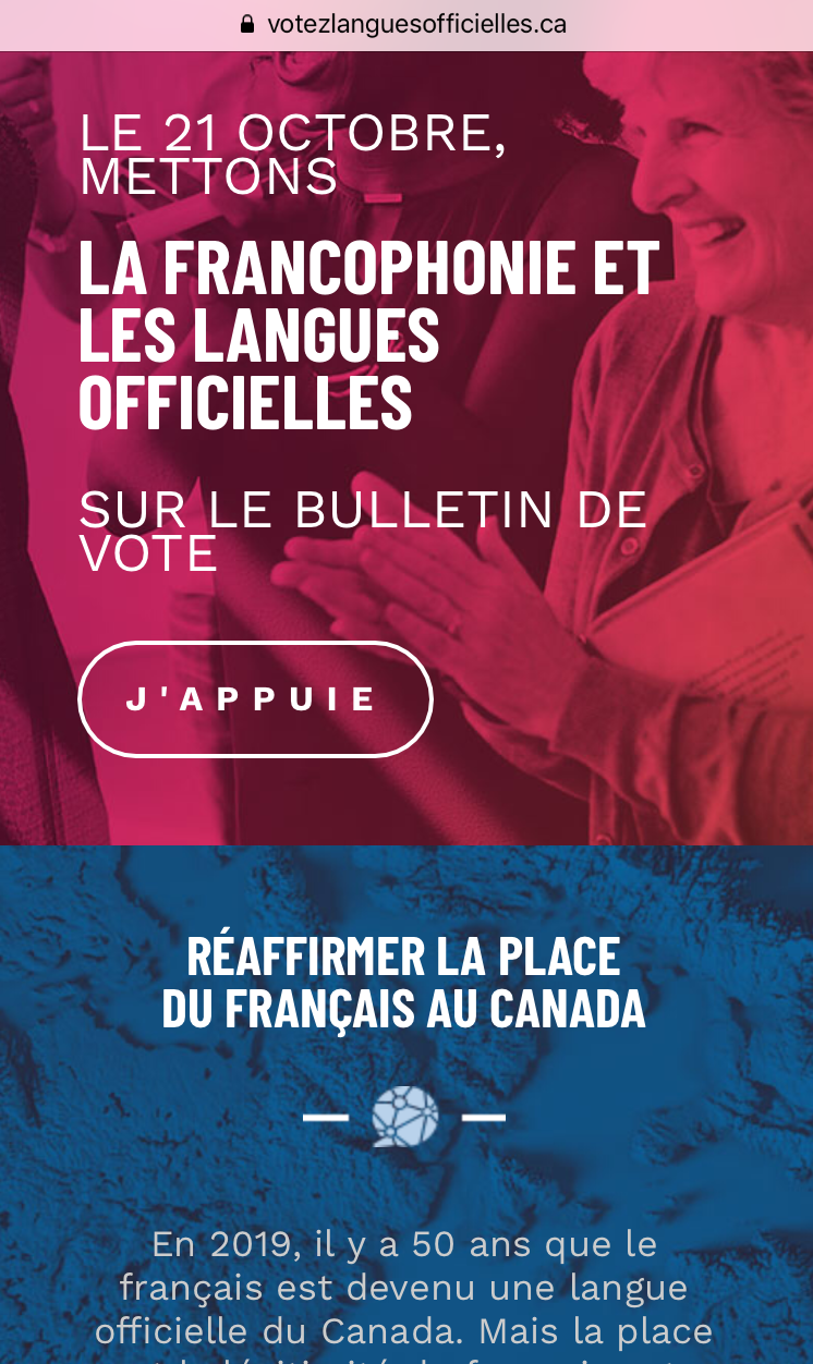 La Fédération des communautés francophones et acadienne souhaite que la question des langues officielles et de la modernisation de la Loi soit posée aux candidats, partout au pays.  — Photo : capture d’écran, site web de la FCFA