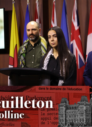 Les représentants des trois organisations propalestiniennes à l’origine du rapport : Rachel Small, de World Beyond War (en vidéo); Alex Paterson, de Canadiens pour la justice et la paix au Moyen-Orient et Yara Shoufani, de Mouvement de la jeunesse palestinienne. Corey Balsam, de Voix juives indépendantes, était présent pour dénoncer la complicité du Canada avec Israël dans le génocide à Gaza.  — Photo : Lê Vu Hai Huong