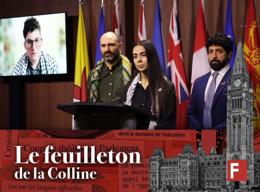 Les représentants des trois organisations propalestiniennes à l’origine du rapport : Rachel Small, de World Beyond War (en vidéo); Alex Paterson, de Canadiens pour la justice et la paix au Moyen-Orient et Yara Shoufani, de Mouvement de la jeunesse palestinienne. Corey Balsam, de Voix juives indépendantes, était présent pour dénoncer la complicité du Canada avec Israël dans le génocide à Gaza.  — Photo : Lê Vu Hai Huong