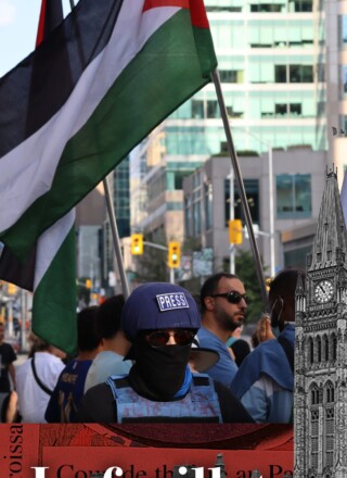 Des personnes se sont rassemblées lundi devant le siège de CBC/Radio-Canada à Ottawa pour rendre hommage aux six journalistes palestiniens tués la veille par Israël. Ces vigies ont reçu très peu d’attention médiatique.  — Photo : Inès Lombardo – Francopresse