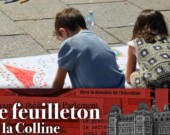 Des enfants dessinent sur une immense banderolle pour rendre hommage aux 18 500 enfants palestiniens morts de faim ou sous les bombes israéliennes. — Inès Lombardo – Francopresse