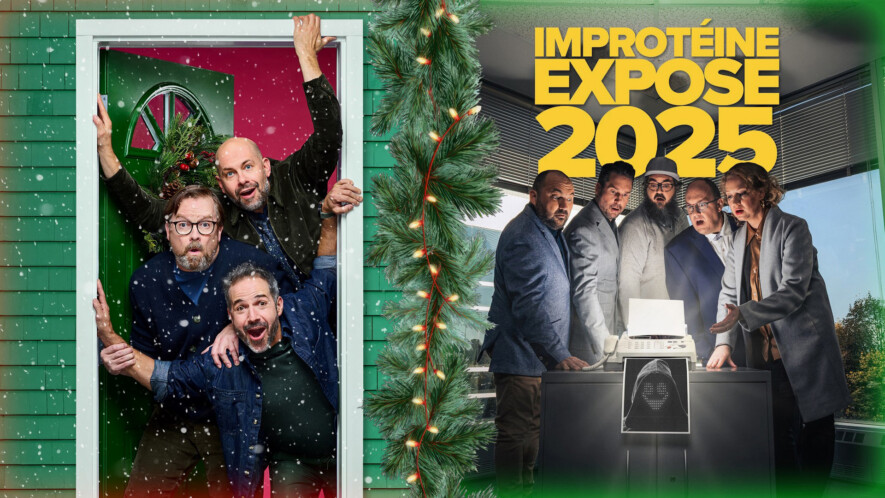 Au-delà de rassembler les francophonies, les deux revues de fin d’année des Newbies et d’Improtéine se rejoignent cette année sur une autre thématique : l’élan patriotique observé partout au pays en réponse aux déclarations et aux actions de Donald Trump.  &mdash; Photo : Montage – Unis TV et Phil Larivière/Radio-Canada