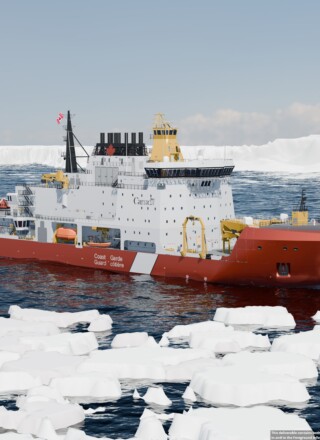 D’une longueur de 158 mètres, ce brise-glace lourd pourra opérer plus de huit mois en mer sans réapprovisionnement. &mdash; Courtoisie Vancouver Shipyards