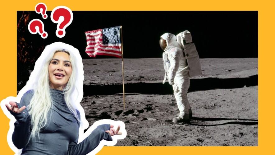 Kim Kardashian (gauche) et Buzz Aldrin (droite), le deuxième homme à avoir marché sur la Lune, en 1969 — Photomontage Les As de l'info/AFP/NASA
