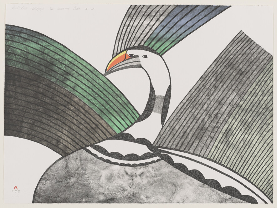 Pudlo Pudlat, Oiseau d’hiver, 1984, lithographie en couleur sur papier vélin, 56,7 × 76,6 cm. Musée des beaux-arts du Canada, Ottawa. Don de Dre Dorothy M. Stillwell en 1985. © Pudlo Pudlat, reproduit avec l’autorisation de Dorset Fine Arts — Courtoisie MBAC