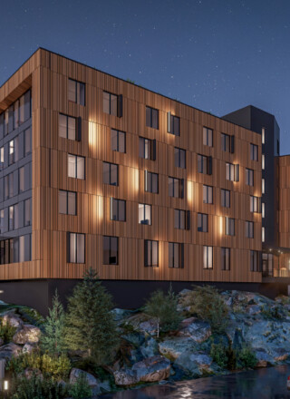 Vue d’artiste du futur hôtel envisagé par Nunastar à côté de l’hôtel Explorer, le long de la 49e avenue à Yellowknife.  &mdash; Courtoisie