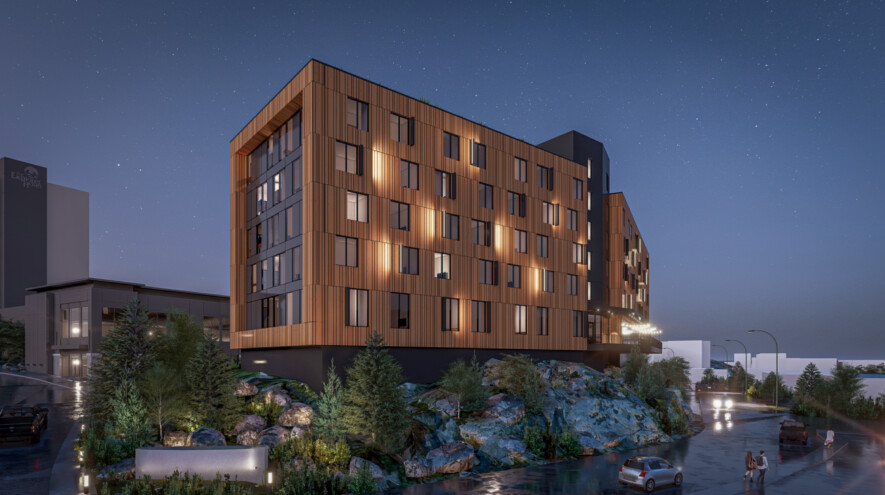 Vue d’artiste du futur hôtel envisagé par Nunastar à côté de l’hôtel Explorer, le long de la 49e avenue à Yellowknife.  &mdash; Courtoisie