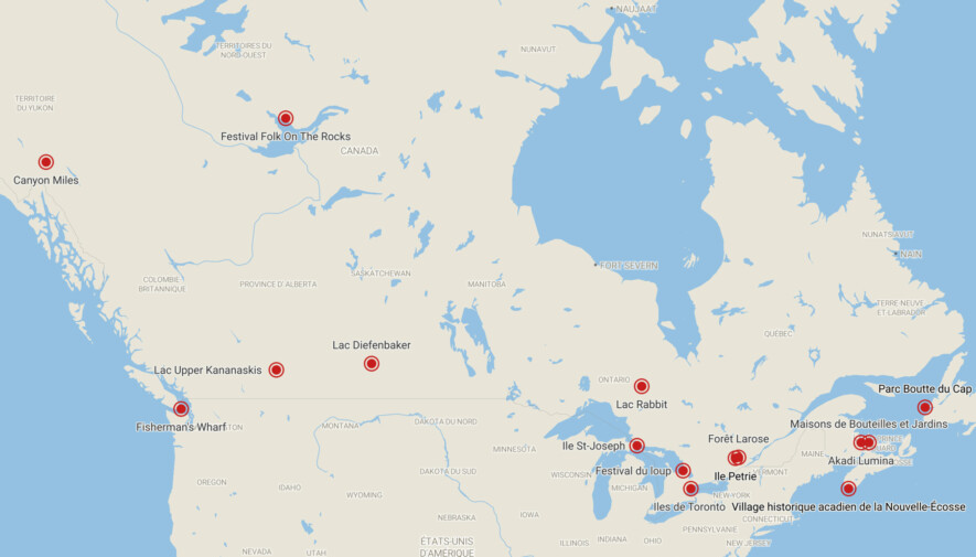Les incontournables touristiques des artisans et des artisanes des journaux francophones du Canada. Créé avec Datawrapper - © OpenStreetMap contributors  
