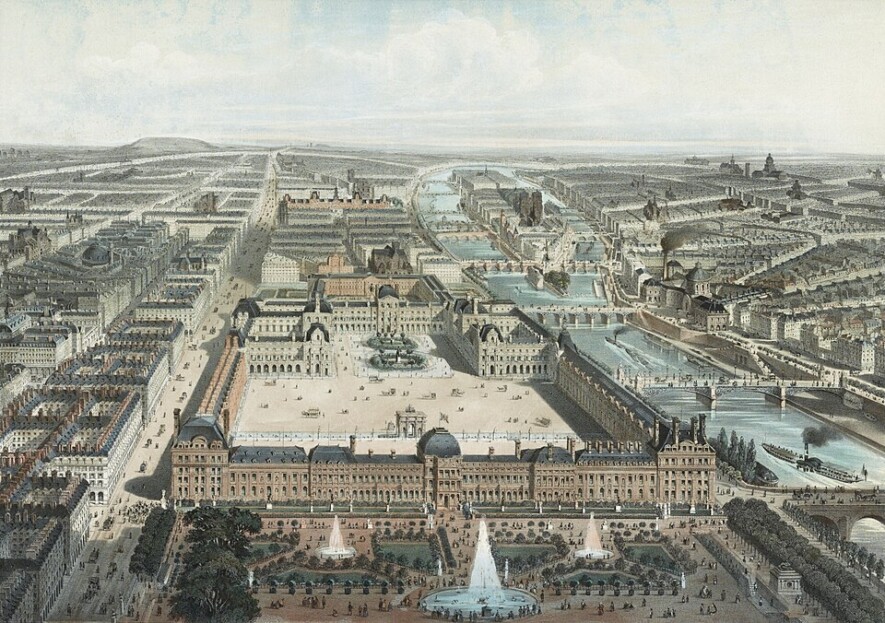 Paris moderne. Les Tuileries, le Louvre, et la rue de Rivoli, vue prise du Jardin des Tuileries.  - Illustration Charles Fichot (1817–1903) via Wikimedia Commons  