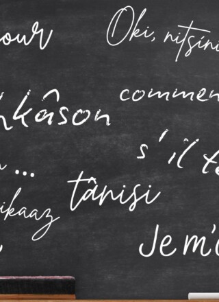 Tableau avec inscriptions en français et différentes langues autochtones. &mdash; Crédits : Canva