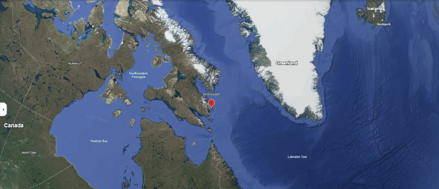 Le site sélectionné pour cette étude se situe sur l’île Brevoort, près de l’île de Baffin. — Capture d’écran – Google Earth