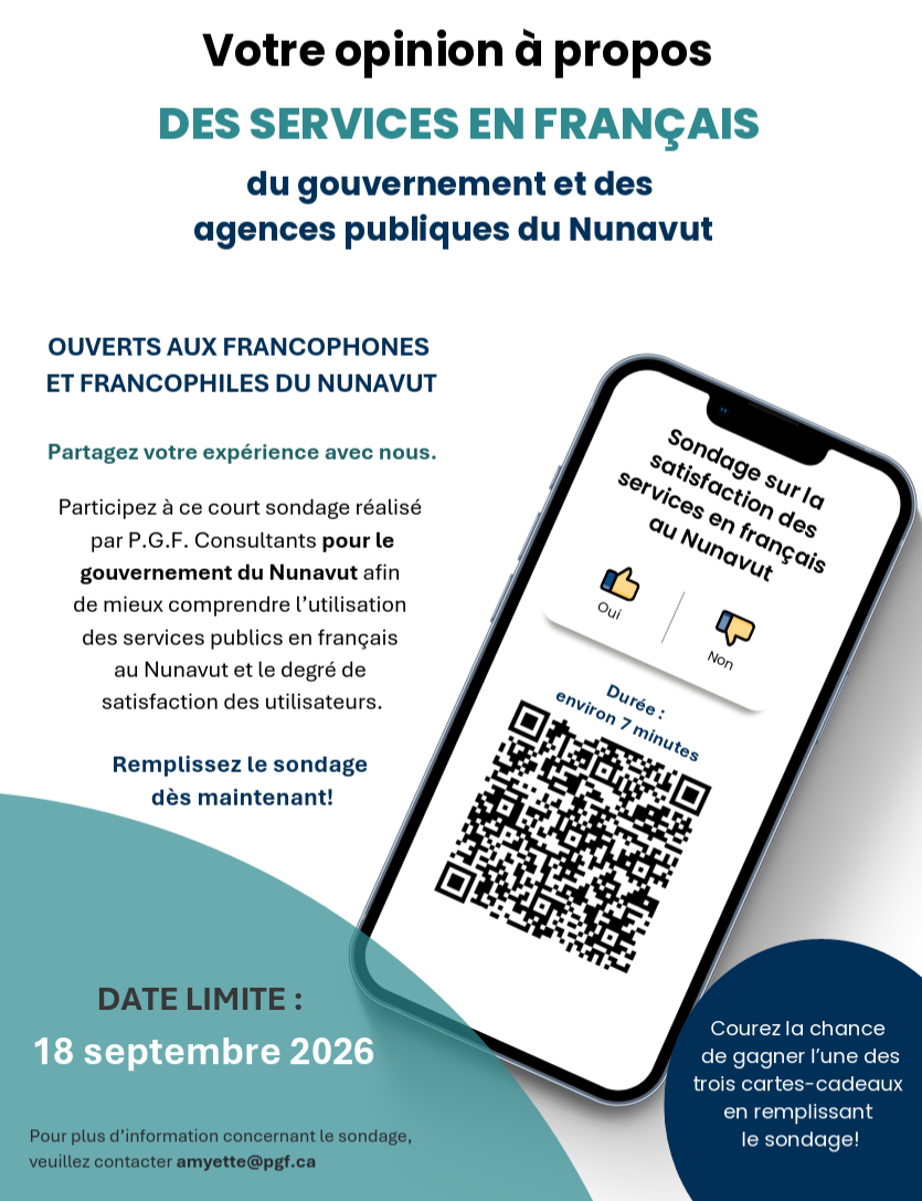 L’évaluation des services et des communications en français se déroule en deux phases : la première en septembre 2026 et la seconde en 2027-2028. &mdash; Gouvernement du Nunavut