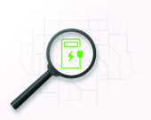 Find EV charging stations. Magnifying glass magnifies Electric vehicle charging station symbol on map. 3D illustration.  