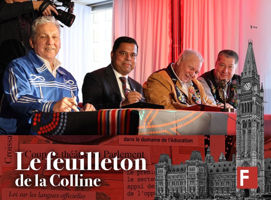 Le président de la Fédération des Métis du Manitoba, David Chartrand, et le ministre des Relations Couronne-Autochtones, Gary Anandasangaree, signent le traité concernant la reconnaissance et la mise en œuvre de l’autonomie gouvernementale des Métis de la rivière Rouge. &mdash; Photo : Courtoisie