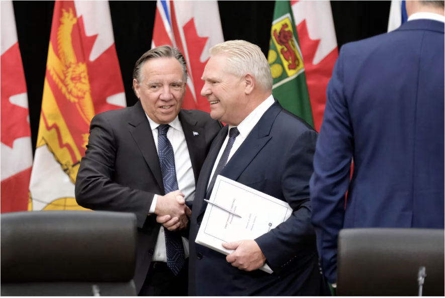 François Legault et Doug Ford lors de la réunion des premiers ministres à Ottawa le 15 janvier dernier.  &mdash; Patrick Woodbury/Archives Le Droit