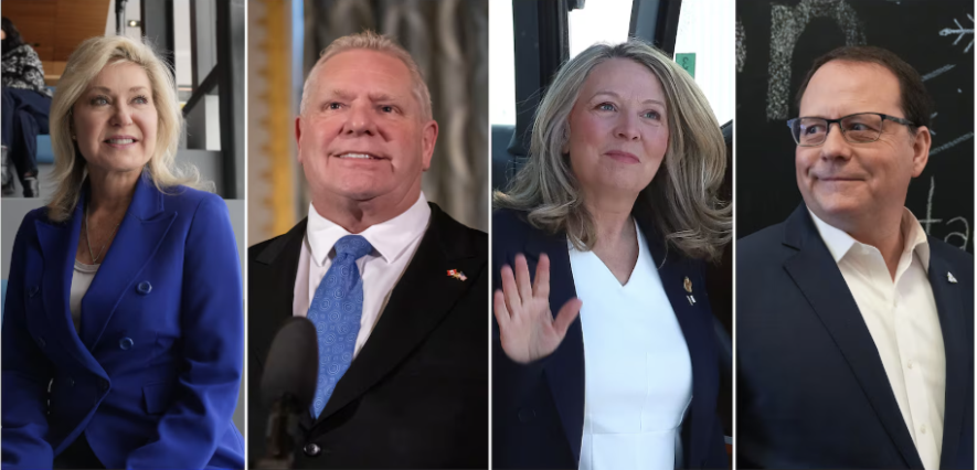 De gauche à droite, la chef du Parti libéral de l'Ontario, Bonnie Crombie; le chef du Parti progressiste-conservateur de l'Ontario, Doug Ford; la chef du NPD de l'Ontario, Marit Stiles; et le chef du Parti vert de l'Ontario, Mike Schreiner.  &mdash; Photo : Archives La Presse Canadienne
