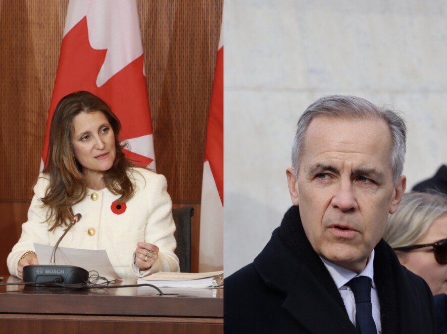 L’achat de publicités auprès de Meta est devenu un sujet sensible depuis que Meta bloque les nouvelles sur ses plateformes au Canada. À gauche, la candidate Chrystia Freeland, à droite, le candidat Mark Carney. &mdash; Photo : Mélanie Tremblay – Francopresse et Inès Lombardo – Francopresse