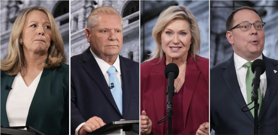 De gauche à droite: la chef du NPD de l'Ontario, Marit Stiles, le chef du Parti PC de l'Ontario, Doug Ford, la chef du Parti libéral de l'Ontario, Bonnie Crombie, et le chef du Parti vert de l'Ontario, Mike Schreiner &mdash; Photo : Chris Young/Archives La Presse Canadienne