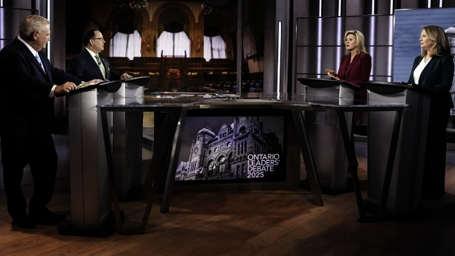 Les représentantes francophones du débat de mercredi soir : Michelle Petersen du Parti vert, Caroline Mulroney du Parti conservateur, Lucille Collard du Parti libéral et France Gélinas du Nouveau Parti démocratique &mdash; Photo : Chris Young/Archives La Presse Canadienne