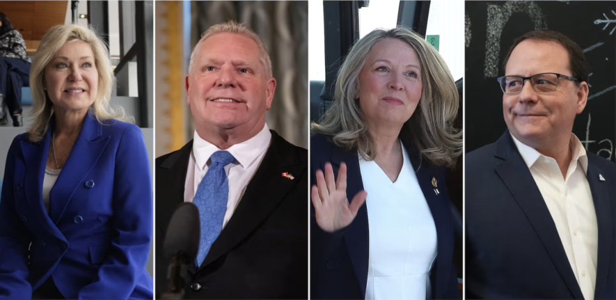 De gauche à droite, la chef du Parti libéral de l'Ontario, Bonnie Crombie; le chef du Parti progressiste-conservateur de l'Ontario, Doug Ford; la chef du NPD de l'Ontario, Marit Stiles; et le chef du Parti vert de l'Ontario, Mike Schreiner.  &mdash; Archives La Presse Canadienne
