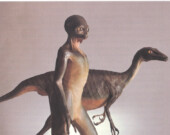 Représentation d'artiste du fictif dinosauroïde, au premier plan, et de son plus proche authentique cousin. &mdash; Photo : Musée canadien de la nature
