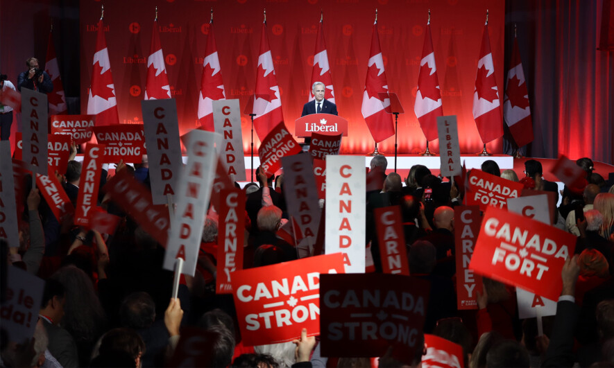 «Quand nous sommes unis, nous sommes un Canada fort», a lancé Marc Carney, élu nouveau chef du Parti libéral du Canada (PLC), dimanche 9 mars. &mdash; Photo : Julien Cayouette – Francopresse