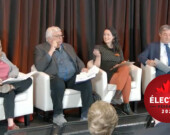 De gauche à droite, la libérale Mona Fortier, le bloquiste Richard Nadeau, la néodémocrate Pascale Matecki et le conservateur Joël Godin ont réaffirmé que les établissements postsecondaires francophones sont des piliers de la culture et de l’économie canadienne. &mdash; Photo : Capture d’écran