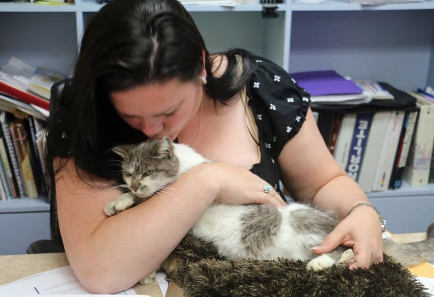 Marie-Josée Boucher-Basque qui câline et réconforte un chat retrouvé &mdash; Photo : gracieuseté Marie-Josée B-B