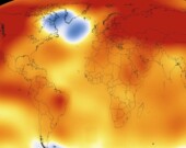 Anomalies de température en 2015, incluant l'étrange tache bleue. &mdash; Photo : NOAA / NASA