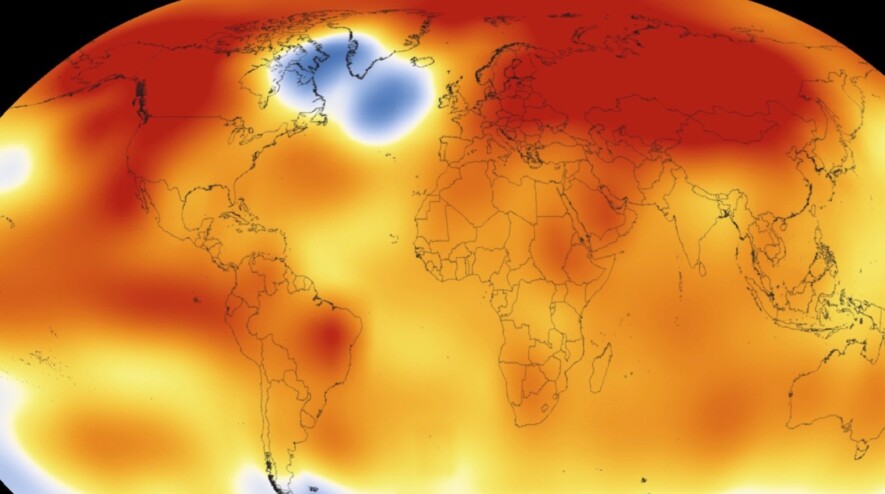 Anomalies de température en 2015, incluant l'étrange tache bleue. &mdash; Photo : NOAA / NASA