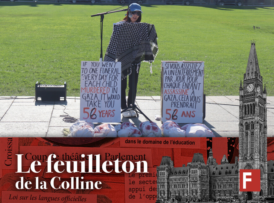 Dans le cadre de la «Marche vers Ottawa» cette semaine sur la Colline, qui vise à demander au Canada de sanctionner Israël et de cesser l’envoi d’armes, des centaines de personnes se sont succédé au micro pour lire les noms des plus de 18 500 enfants palestiniens assassinés par Israël.  &mdash; Photo : Inès Lombardo – Francopresse