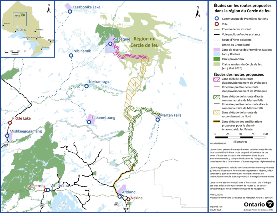La région du Cercle de feu, située dans le Nord ontarien, couvre environ 5000 kilomètres carrés et recèle des gisements importants de nickel, cuivre, platine et chromite. Depuis plusieurs années, la province désire que ce projet minier devienne rapidement une réalité et met beaucoup d’emphase sur les investissements liés aux infrastructures de la région de Greenstone.  &mdash; Carte des zones d’évaluation environnementale relatives aux routes proposées : ontario/web