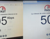 La vitesse de l’accès internet testée avec le même ordinateur à Dubreuiville (gauche) et Sudbury (droite). &mdash; Photos : Priscilla Pilon