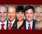 Randy Boissonnault, ministre du Tourisme et ministre associé des Finances ; Dan Vandal, ministre des Affaires du Nord et ministre responsable de Développement économique canada pour les Prairies et ministre responsable de l'Agence canadienne développement économique du Nord ; Ginette Petitpas Taylor, ministre des Langues officielles et ministre responsable de l'Agence de promotion économique du Canada Atlantique ; Dominic LeBlanc, ministre des Affaires intergouvernementales, de l'Infrastructure et des Collectivités ; et Mona Fortier, présidente du Conseil du Trésor. &mdash; Crédit : Nos Communes/Montage Francopresse