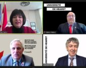De gauche à droite et de haut en bas : la ministre des Langues officielles Ginette Petitpas Taylor ; Fabien Hébert, président du Conseil des gouverneures et gouverneurs de l’Université de Hearst ; Marc Serré, secrétaire parlementaire aux langues officielles et Luc Bussières, recteur de l’Université de Hearst.  &mdash; Photo : Capture d’écran