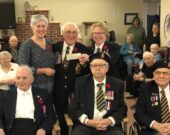 Lors de la présentation au Centre Sainte-Anne à Arichat, les vétérans en avant, de gauche à droite : Raymond DeCoste, Francis Martel et Harold Martell. En arrière, dans l’ordre habituel, Connie Pierce, Vincent Boudreau et Joan Clannon qui présentent le chèque.  &mdash; Gracieuseté