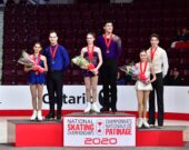 À la gauche sur le podium : Gabrielle Levesque de Bridgewater et son partenaire, Pier-Alexandre Hudon du Québec ont remporté la médaille d’argent en couple junior lors des championnats canadiens de patinage artistique. &mdash; Yves Levesque