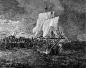 Moussaillon à bord du <em>HMS Namur</em>, Equiano a pu observer la capture du Bienfaisant, navire français de 64 canons. Gravure de P. C. Canot, d’après une peinture de Richard Paton, 1771. &mdash; Bibliothèque nationale de France; image dans le domaine public
