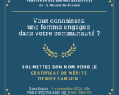 Appel aux candidatures pour le Certificat de mérite Denise Samson &mdash; Fédération des femmes acadiennes de la Nouvelle-Écosse