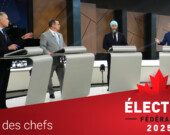 Les échanges ont été souvent combattifs lors du débat des chefs en français, le 16 avril. Mais les candidats ont quand même eu quelques moments de complicité, notamment sur leur panier d’épicerie. &mdash; Photo : Sean Kilpatrick – POOL