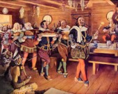 L'Ordre de Bon Temps, établi par Samuel de Champlain.  &mdash; PHOTO: Peinture de C.W. Jefferys, domaine public