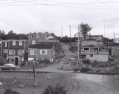 Portrait photographique d'Africville dans les années 1960 par Bob Brooks. Les maisons d'Africville de part et d'autre d'une ruelle à flanc de colline, vues depuis le côté opposé de la voie ferrée. &mdash; PHOTO: Archives Nouvelle-Écosse