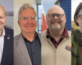 On aperçoit ici les quatre candidats de la circonscription provinciale de Chéticamp Margaree-Pleasant Bay. De gauche à droite: Claude Bourgeois, candidat  Progressiste-conservateur; Denis Cormier. candidat Libéral; Trevor Poirier, candidat  NPD et Nik Boisvert, candidate du Parti vert. &mdash; Photo : Partis PC, Libéral, NPD et Vert