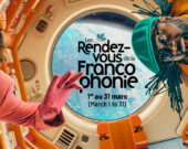 L’affiche des RVF 2024 représente les co-porte-paroles, Le FLOFRANCO et Micheline Marchildon à la découverte de nouveaux horizons dans une navette spatiale. &mdash; Photo : RVF