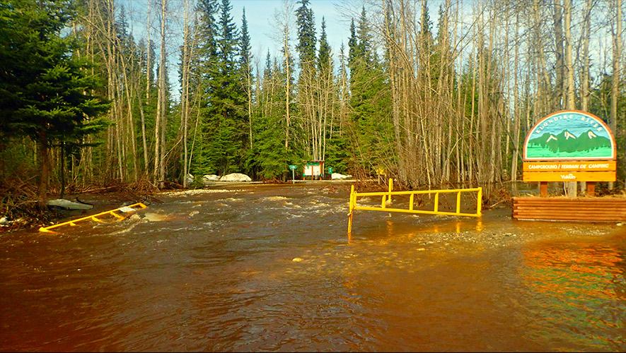 Le camping territorial de la rivière Klondike a été inondé au mois de mai 2023.  &mdash; Photo : Yukon University Research Center
