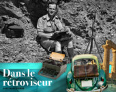 Marcel Ouimet avec sa machine à écrire, lors de la Seconde Guerre mondiale, alors qu’il était en Italie, en septembre 1943. &mdash; Photo : Bibliothèque et Archives Canada/Fonds du ministère de la Défense nationale/e010935271, domaine public