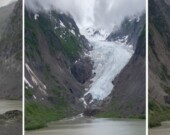Le glacier Bear, en Alaska, le 22 septembre 2014, 22 juin 2020 et 28 aout 2024. Selon le gouvernement américain, ce glacier a perdu 12,5 millions de pieds carrés de glace à son extrémité entre 2018 et 2019. &mdash; Photos : Lynn Martel – Montage : Francopresse