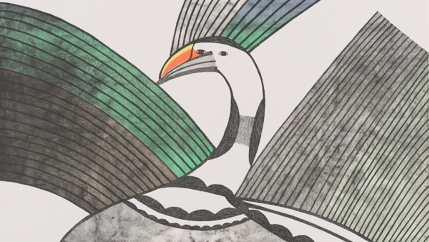 Pudlo Pudlat, Oiseau d’hiver, 1984, lithographie en couleur sur papier vélin, 56,7 × 76,6 cm. Musée des beaux-arts du Canada, Ottawa. Don de Dre Dorothy M. Stillwell en 1985. © Pudlo Pudlat, reproduit avec l’autorisation de Dorset Fine Arts. &mdash; Photo : Courtoisie MBAC
